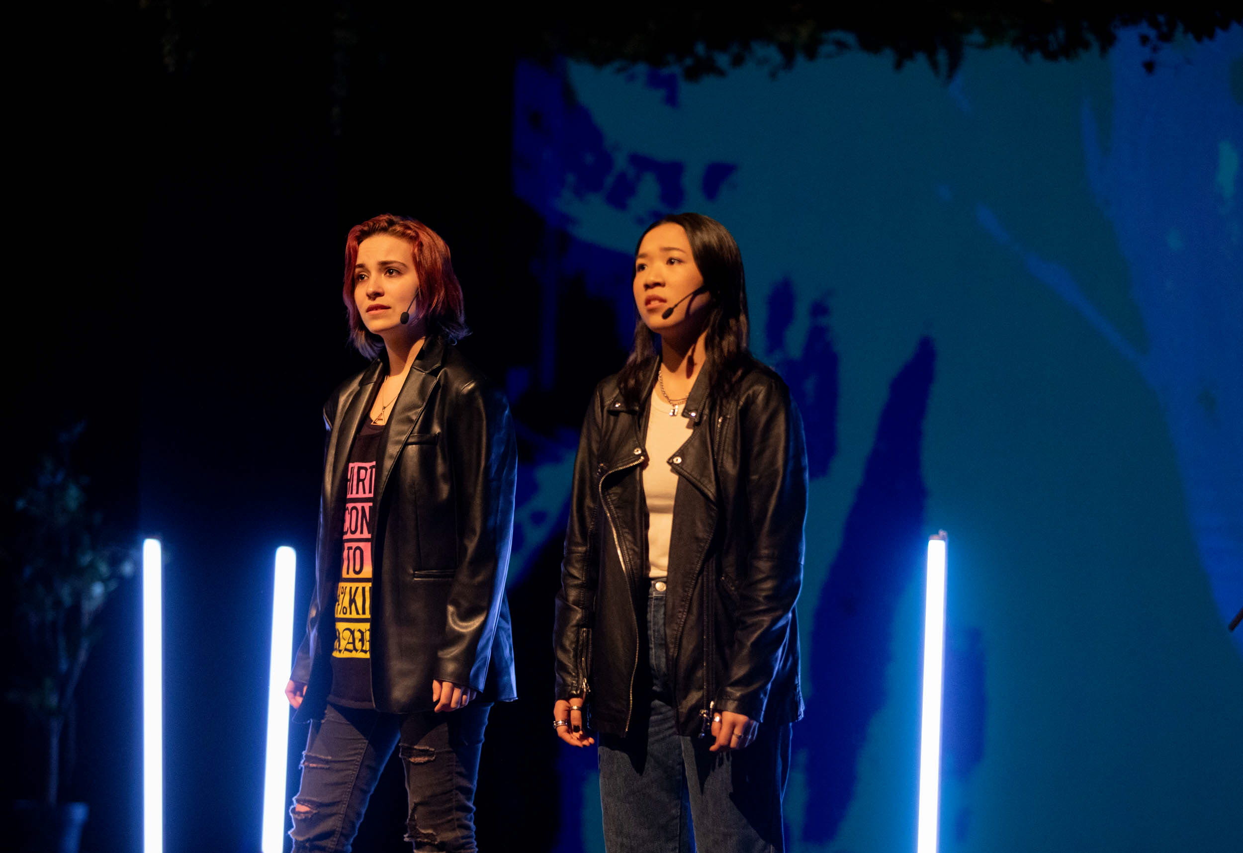 Two girls from Theatre 16 on stage